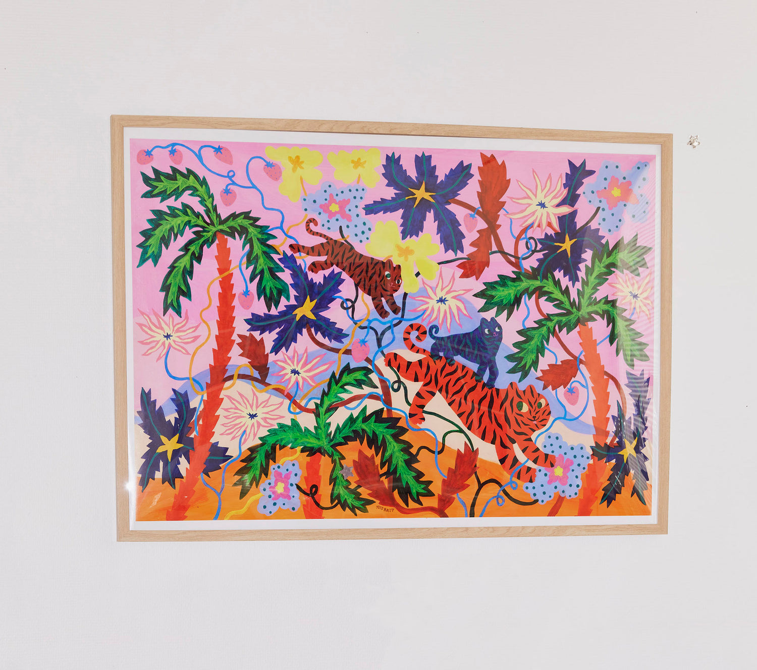 Pink Tiger Pop Art Poster with tropical flowers and vibrant colors, perfect for modern home decor