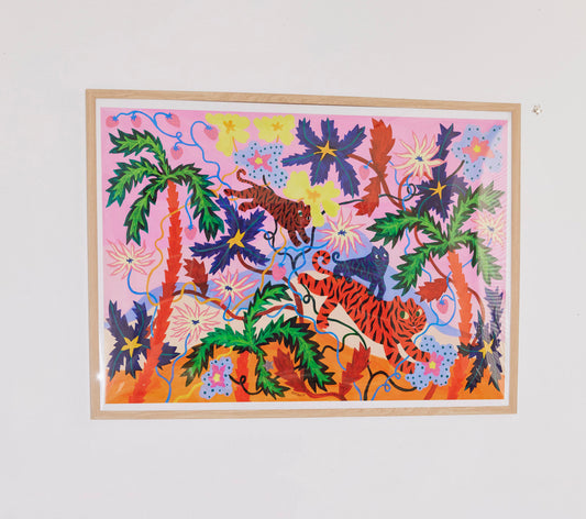 Pink Tiger Pop Art Poster with tropical flowers and vibrant colors, perfect for modern home decor