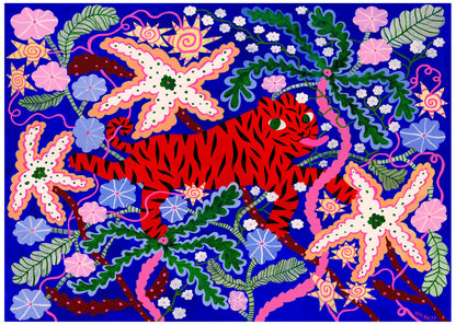 Blue art print with a red tiger and floral details, perfect wall decor for unique interiors.